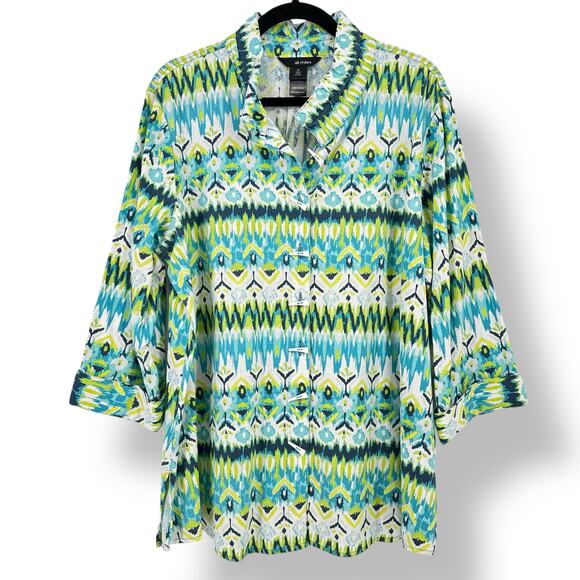 Ali Miles Woven Linen Blend Ikat Point Collar Tunic Top Shirt Sz XL Horn Button - Picture 2 of 8